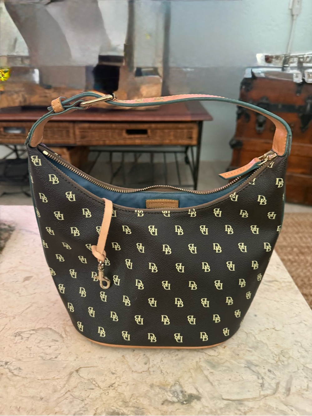 Dooney & Bourke DB Monogram Shoulder Bag Brown Blue Zip Hobo Purse